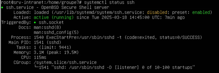 Sortie de systemctl status ssh : service actif.
