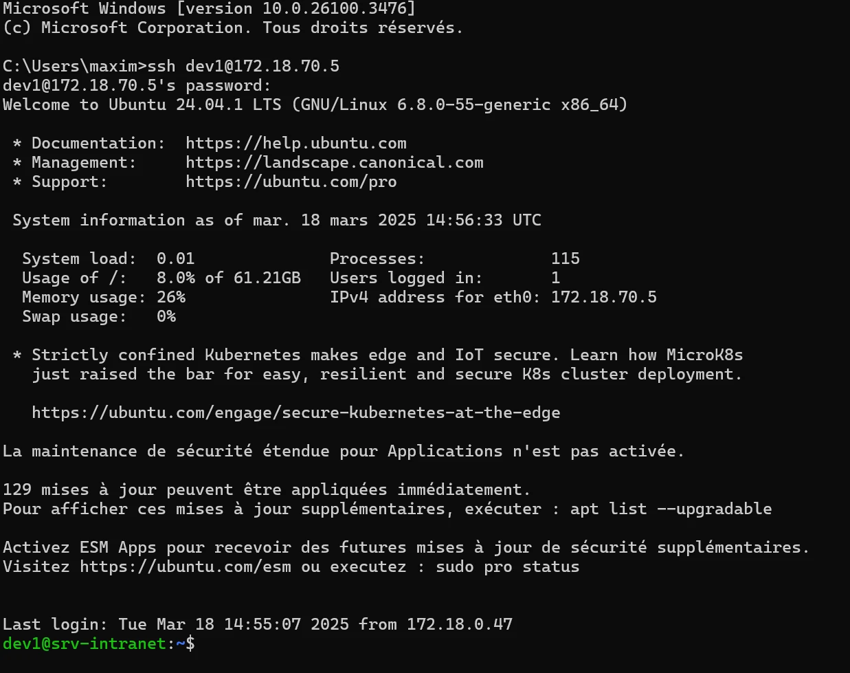 Session SSH ouverte sur le serveur Ubuntu avec le compte dev1.