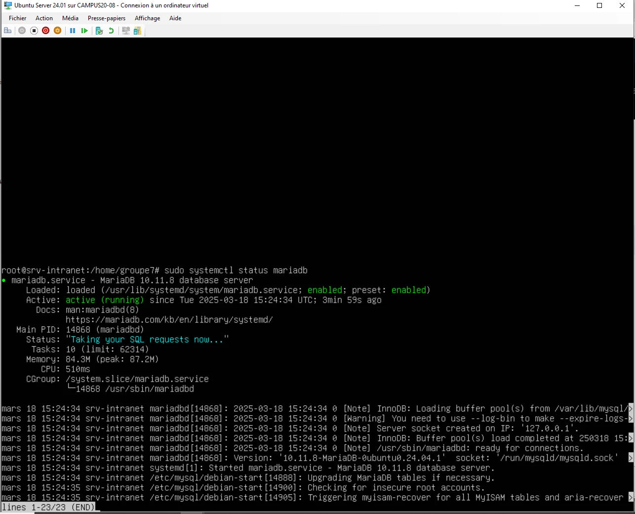 Sortie de systemctl status mariadb : service actif.