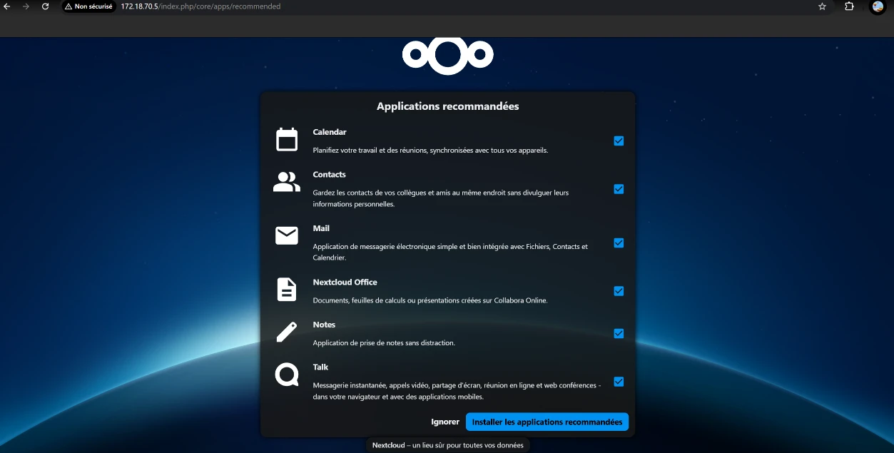 Liste des applications recommandées par Nextcloud.