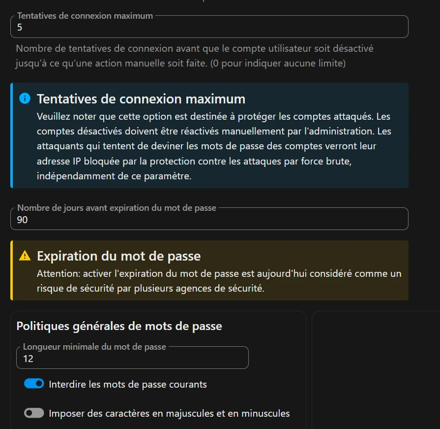 Réglages de sécurité : 5 tentatives maximum, expiration à 90 jours, longueur minimale de 12 caractères.