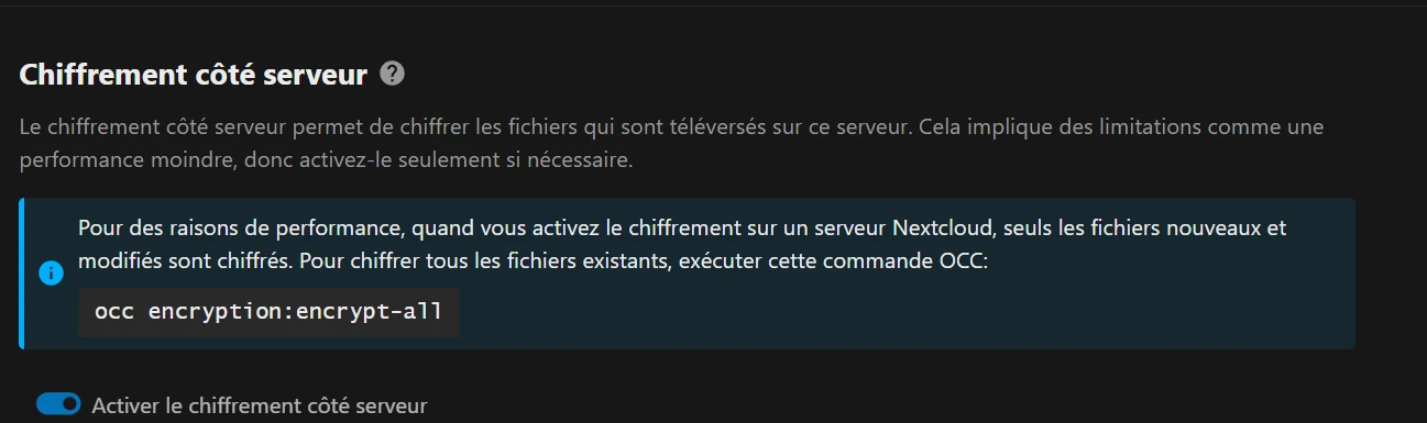 Option « Activer le chiffrement côté serveur » cochée.