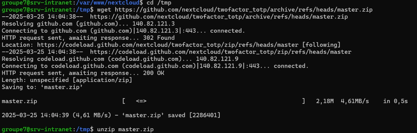 Commandes wget et unzip de l'application twofactor_totp.