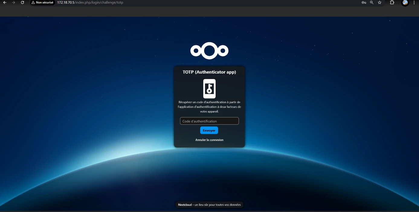 Écran de Nextcloud demandant le code d'authentification TOTP.