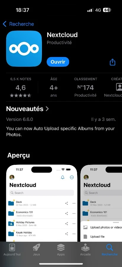 Fiche de l'application Nextcloud dans l'App Store.