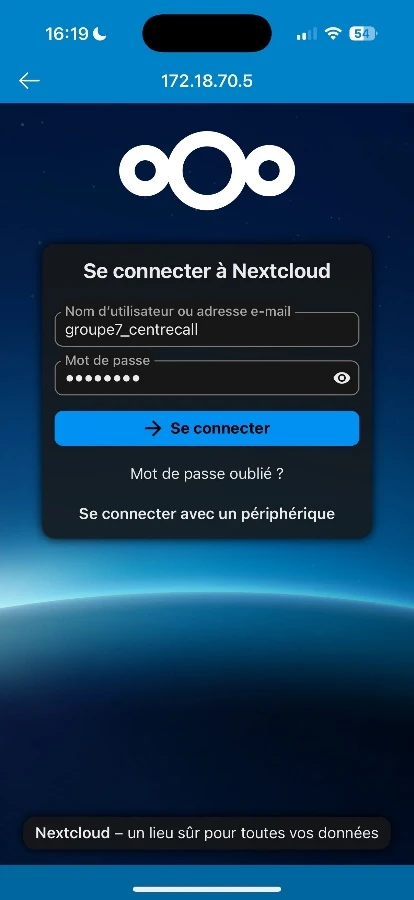 Écran de connexion à Nextcloud sur le téléphone, à l'adresse 172.18.70.5.