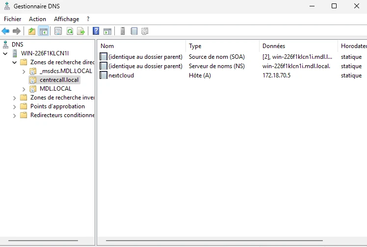 Gestionnaire DNS : zone centrecall.local et hôte nextcloud vers 172.18.70.5.