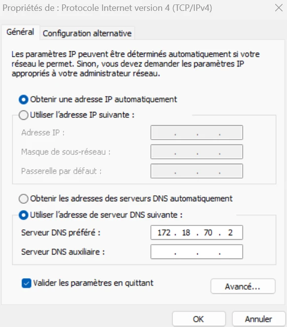 Propriétés IPv4 du poste client : serveur DNS préféré 172.18.70.2.