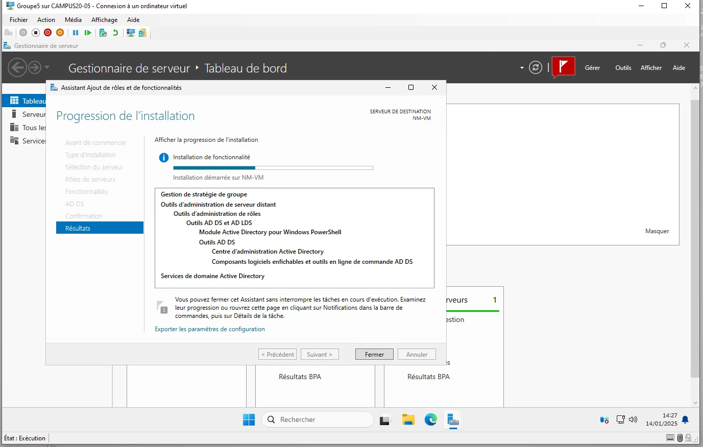 Assistant d'ajout de rôles : installation des services de domaine Active Directory.