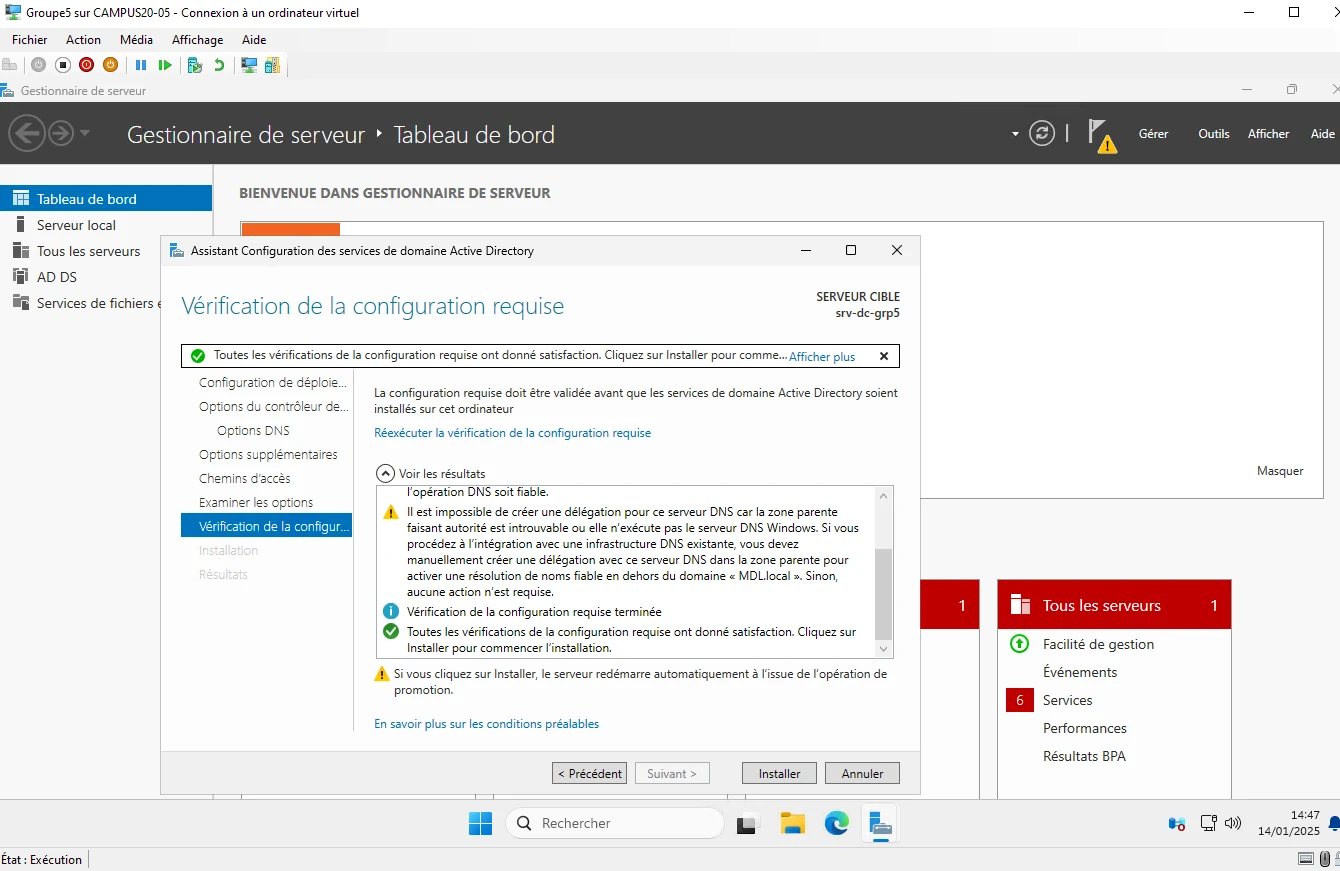 Assistant de configuration AD DS : vérification de la configuration requise réussie.