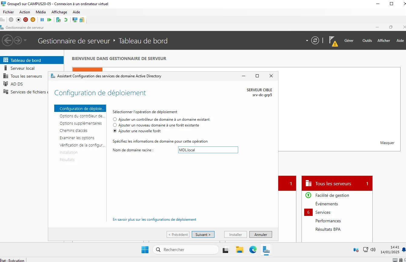 Assistant de configuration AD DS : ajout d'une nouvelle forêt nommée MDL.local.