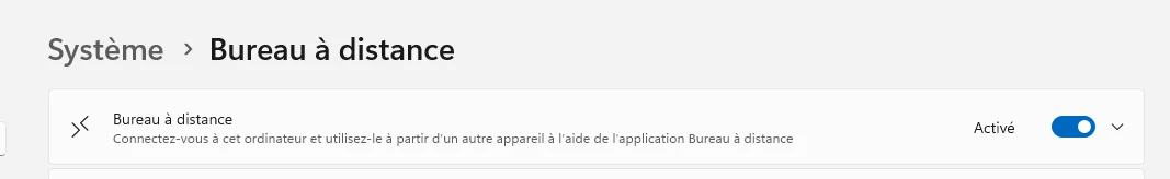 Paramètres système : Bureau à distance activé.