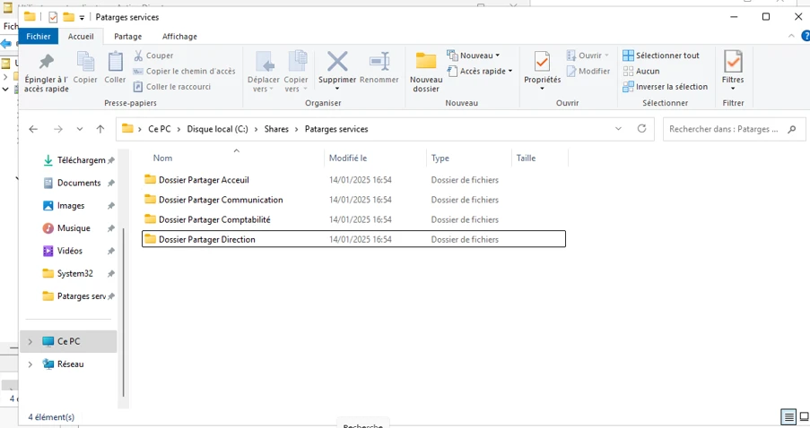 Explorateur de fichiers : dossiers partagés Accueil, Communication, Comptabilité et Direction.