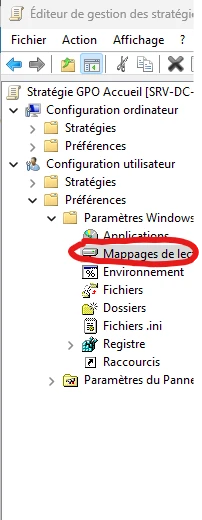 Éditeur de stratégie de groupe : Préférences, Paramètres Windows, Mappages de lecteurs.