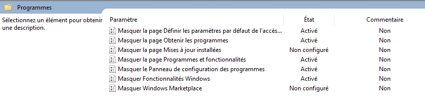 Paramètres de GPO masquant des pages du panneau de configuration des programmes.