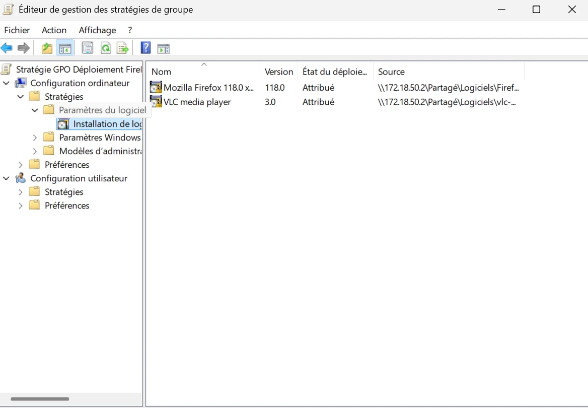 Éditeur de stratégie de groupe : installation de logiciel, Mozilla Firefox et VLC attribués depuis un chemin réseau.
