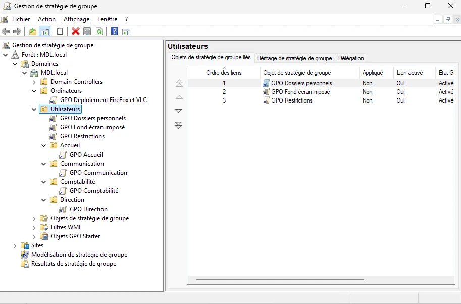 Console Gestion de stratégie de groupe : GPO liées aux unités d'organisation Ordinateurs et Utilisateurs.