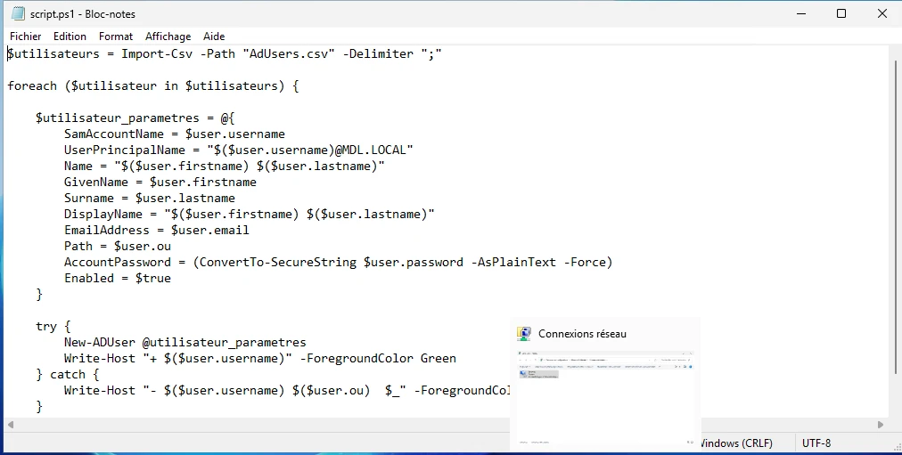 Script PowerShell : import du fichier AdUsers.csv puis création des comptes avec New-ADUser.