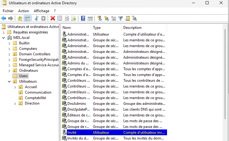 Console Utilisateurs et ordinateurs Active Directory : compte Invité sélectionné.